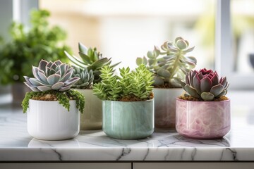 A stylish still life of various succulents in designer pots on a marble tabletop, 
