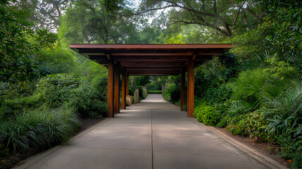 Naklejka premium Covered Pathway Leading Through Lush Green Garden With Wooden Canopy And Stone Ground On A Sunny Day