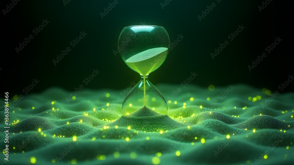 Poster chemical computing hourglass where sand forms glowing pheromone trails that evolve like ant colonies