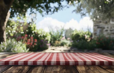 Rustic outdoor table setting, checkered tablecloth, garden view