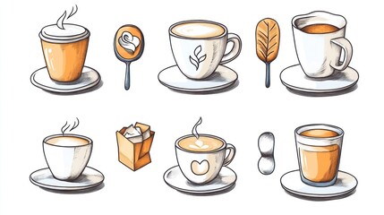 Assorted coffee drinks, various cups & styles, white background, for menu or cafe advertisement