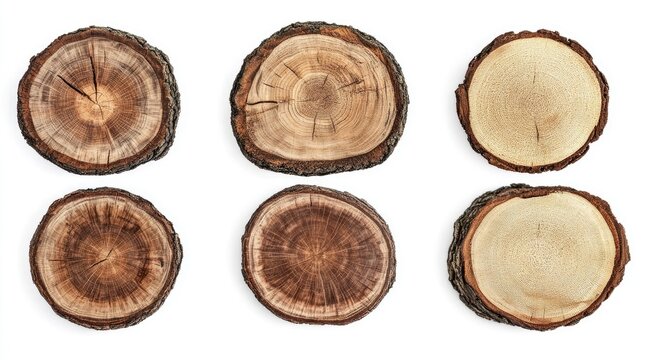 Close-up of six tree trunk slices, showcasing wood grain patterns