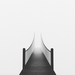 A serene wooden walkway stretches into a misty void, creating an atmosphere of mystery and tranquility.