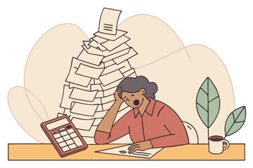 Overworked individual sitting at a desk filled with tax documents, struggling to complete tax filing with a laptop and calculator on tax day.