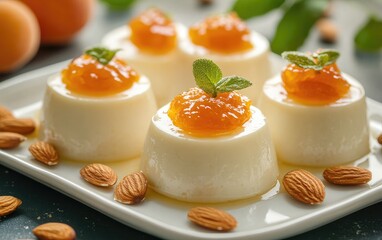 Fototapeta premium Apricot Panna Cotta Dessert on Plate, Almonds, and Fruit Background