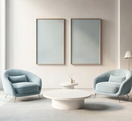 Fototapeta premium Modern living room with two blue armchairs, a coffee table, and light blue artwork.