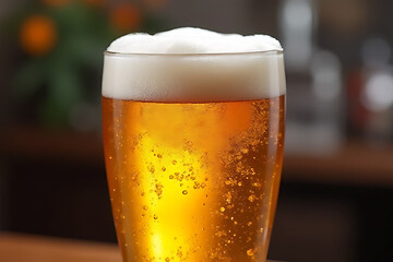 Refreshing beer glass cozy pub setting beverage photography warm atmosphere close-up view