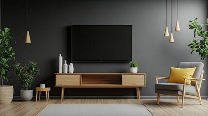 A serene living room, minimalist and modern, features a sleek flat-screen TV above a light wood entertainment center, accented by calming plants and soft lighting.