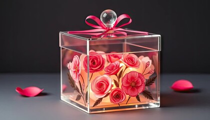Transparent gift box with pink roses