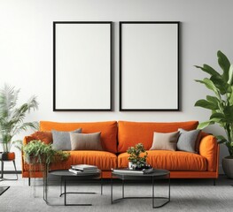 Orange sofa, two blank frames, plants, coffee table, modern interior.
