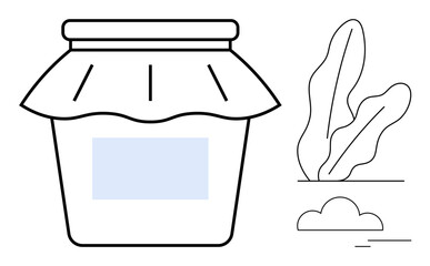 Jar with cloth lid and blank label alongside abstract plant and small cloud. Ideal for packaging, nature, sustainability, homemade, organic products, gardening, ecology, flat simple metaphor