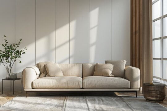 Modern minimal clean contemporary living room interior with beige sofa