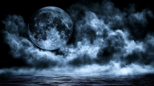 Full blue moon over a misty sea at night.