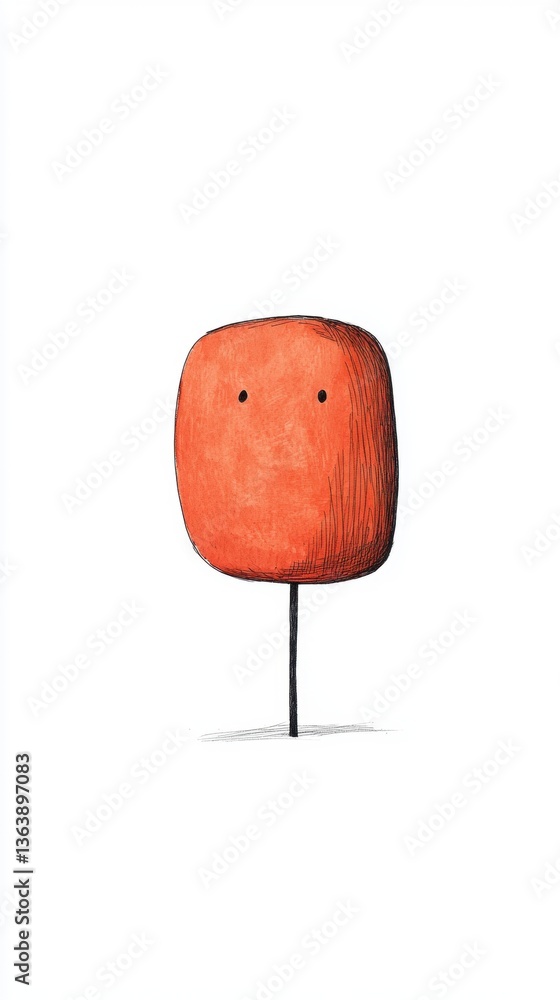 Poster a whimsical, orange figure with a simple face stands on a black pole, creating a playful and minimal