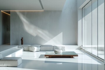 Modern minimal clean contemporary living room interior with beige sofa