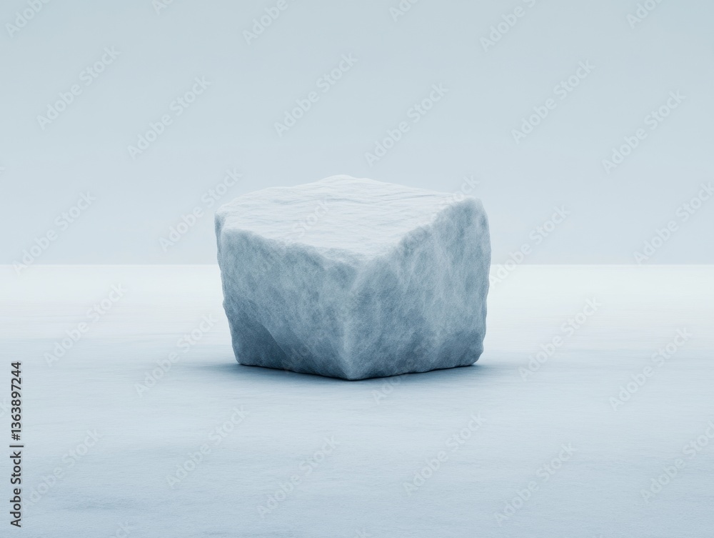 Poster a solitary ice cube sits on a smooth surface, creating a minimalist composition with muted colors an