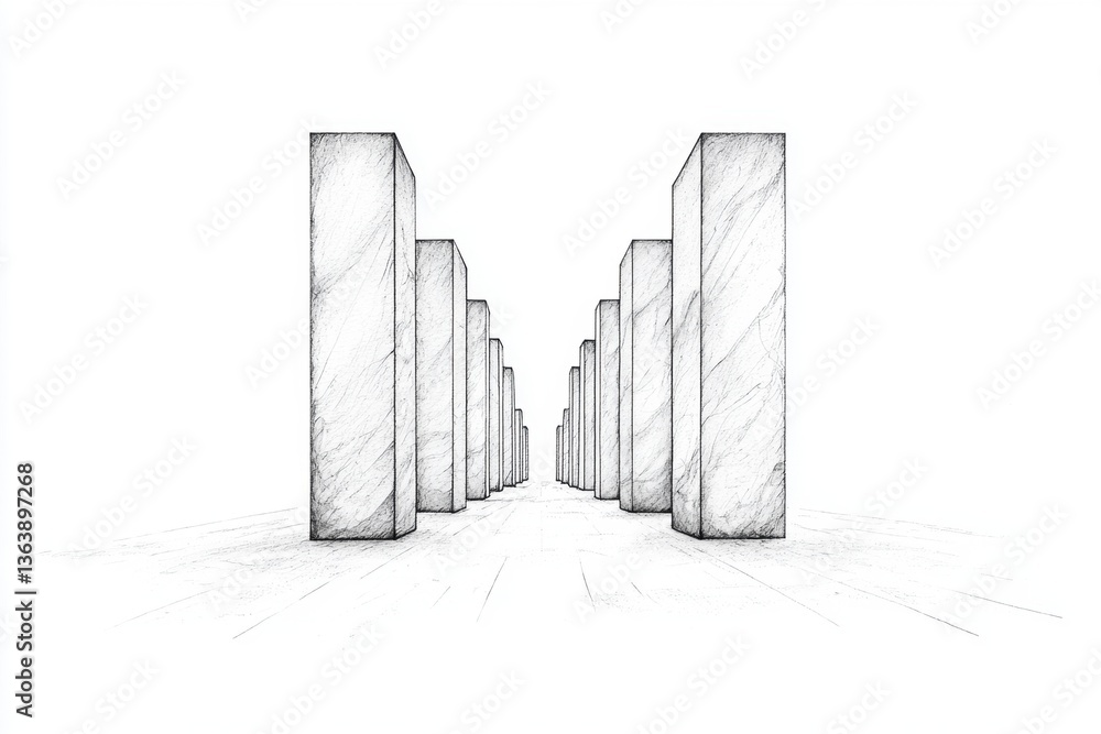 Poster a minimalist sketch of tall rectangular pillars arranged in a straight path, creating a sense of dep