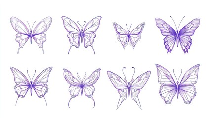 Eight Purple Butterflies, Line Art, White Background, Design Element