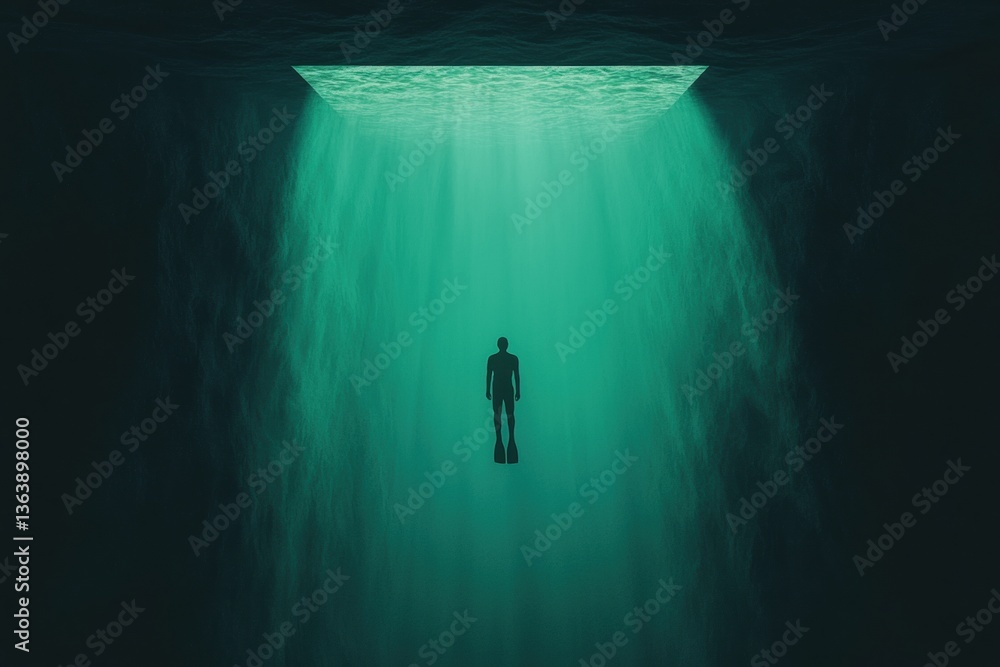 Poster a solitary figure floats in serene underwater depths, illuminated by soft light from above, creating