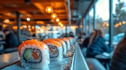 Salmon sushi rolls on a plate in a restaurant.