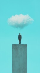 A solitary figure stands on a pedestal, gazing at a single cloud against a serene blue background, evoking contemplation and introspection.