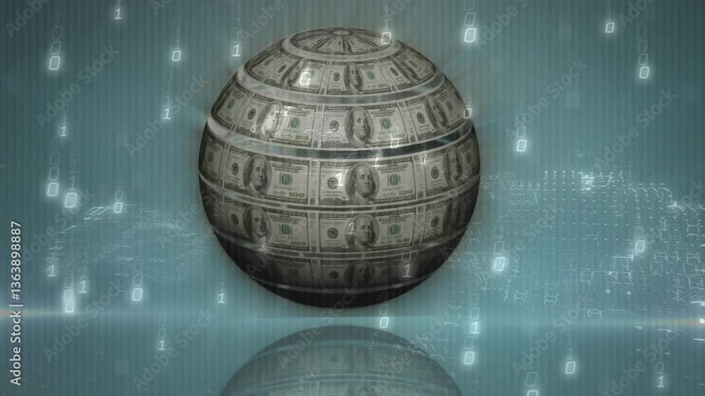 Poster animation of dollar bill sphere with binary code and digital patterns in background