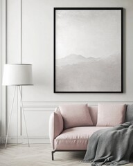 Pale pink sofa, floor lamp, and minimalist mountain landscape wall art in a bright living room.