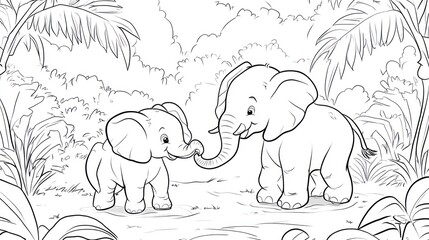 Obraz premium Mother and baby elephant bonding in lush jungle; coloring page