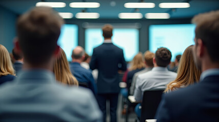 Fototapeta premium Modern conference room filled with attentive diverse audience listening focused on blurred professional speaker presenter man or college teacher presenting with projection screen in distance at front.