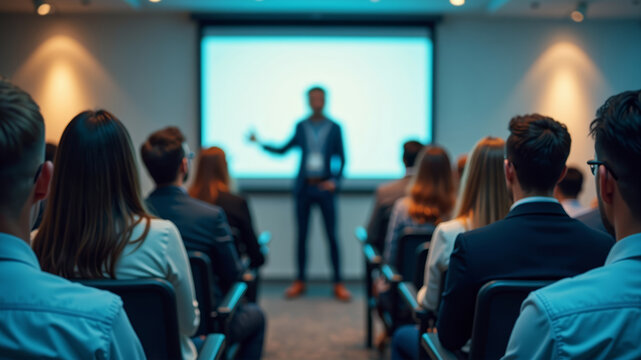 Modern conference room filled with attentive diverse audience listening focused on blurred professional speaker presenter man or college teacher presenting with projection screen in distance at front.