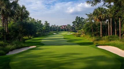 A scenic golf course fairway winds through lush tropical vegetation towards a distant clubhouse under a vibrant blue sky.