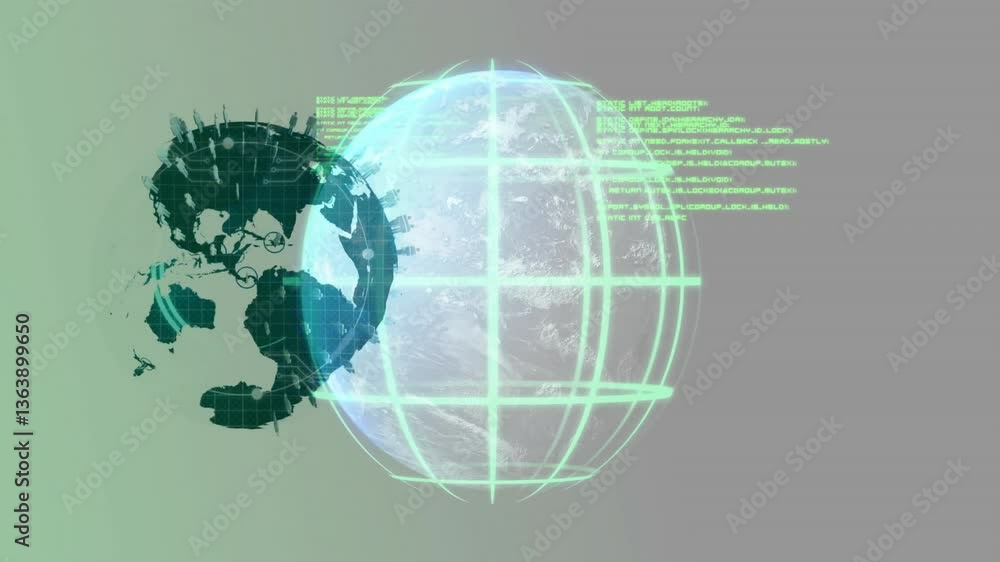 Poster animation of digital globe with green data streams on gray background