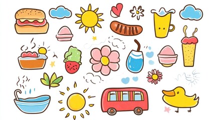 Summer picnic food and transportation icons.  Background sunny day. Website/app design