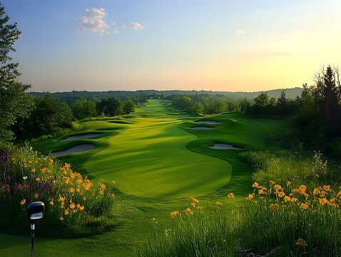 A scenic golf course fairway stretches towards a vibrant sunset over rolling green hills and wildflowers.