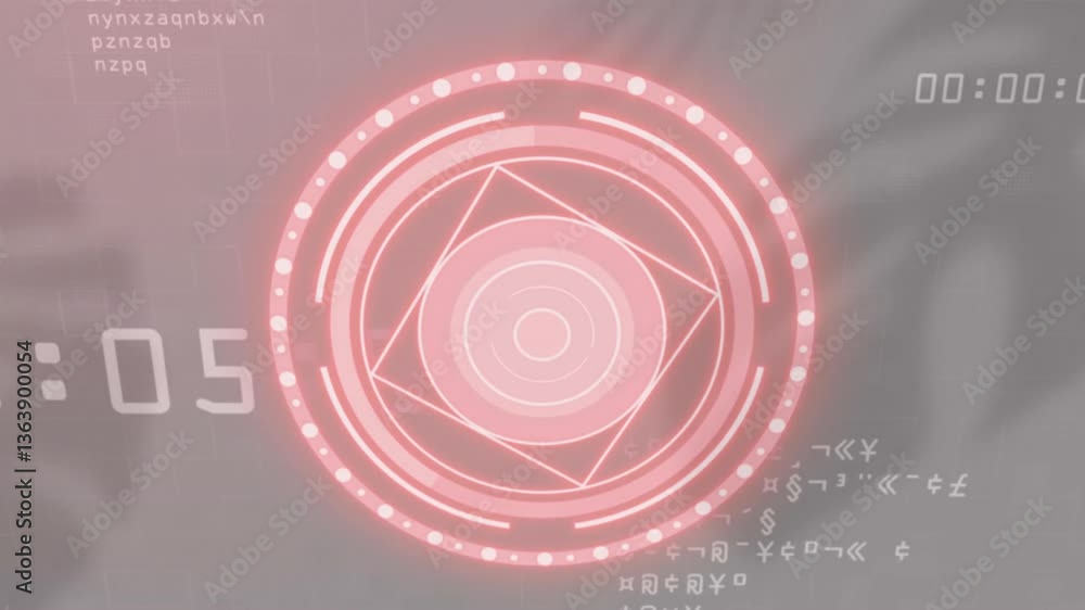 Poster digital interface with glowing red circular patterns and cryptic text animation