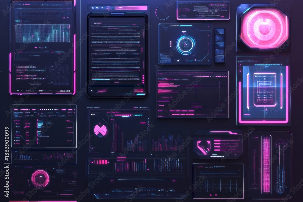 Aufkleber futuristic holographic interface showcasing glowing elements and cyberpunk design in a sleek digital