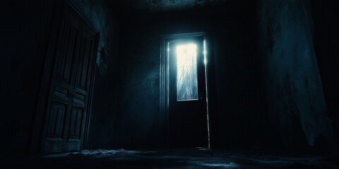 Dark room with an open door and bright backlight, creating a cinematic and mysterious atmosphere