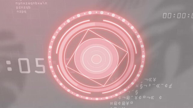 Digital interface with glowing red circular patterns and cryptic text animation