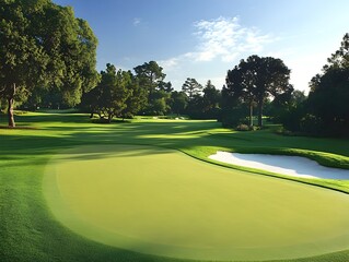 A picturesque golf course green with sand trap and lush trees under a vibrant blue sky on a sunny day.