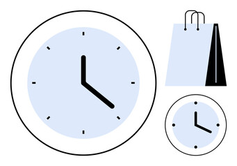 Analog clock with sleek design and shopping bag suggesting retail, time tracking, scheduling, punctuality, ecommerce, productivity, business efficiency. Ideal for planning, time-saving flat simple