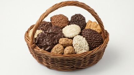 Assorted Chocolate Treats in a Wicker Basket on a Light Background