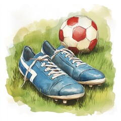 Pair of classic soccer cleats and ball on grass