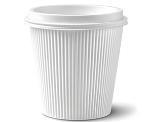 White ribbed paper coffee cup with lid.