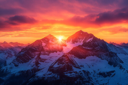 Majestic mountain sunrise showcases vibrant colors and snow-capped peaks in the early morning glow