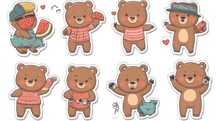 Cute cartoon bears summer activities stickers