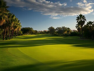 A scenic golf course fairway unfolds beneath a vibrant sunset sky with lush palm trees lining the edges of the green.