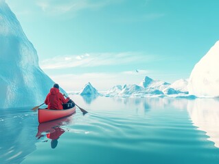 illustration of high angle of traveling anonymous person in outerwear and with paddles floating in canoe along calm sea with icebergs in Greenland against blue sky in daylight - ai