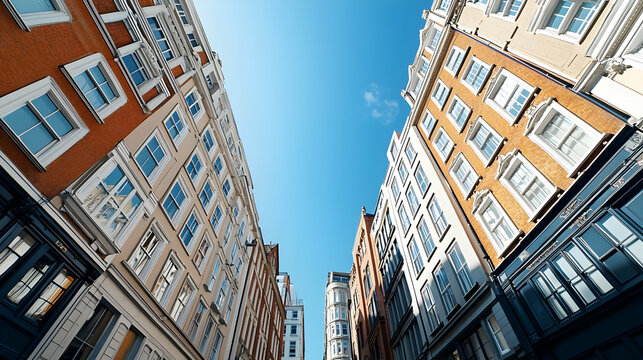 Low Angle View Of Historic Buildings With Colorful Facades And Blue Sky In Amsterdam