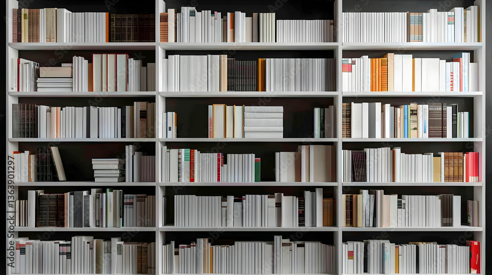 Poster full bookshelf displaying numerous books in various sizes and colors against a dark background wall