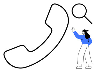 Giant phone handset outline beside magnifying glass icon and woman in blue pointing. Ideal for communication, customer service, help, connection, information search, problem-solving, flat simple